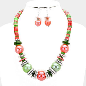 Pink And Green Ceramic Bead Necklace Earring Set